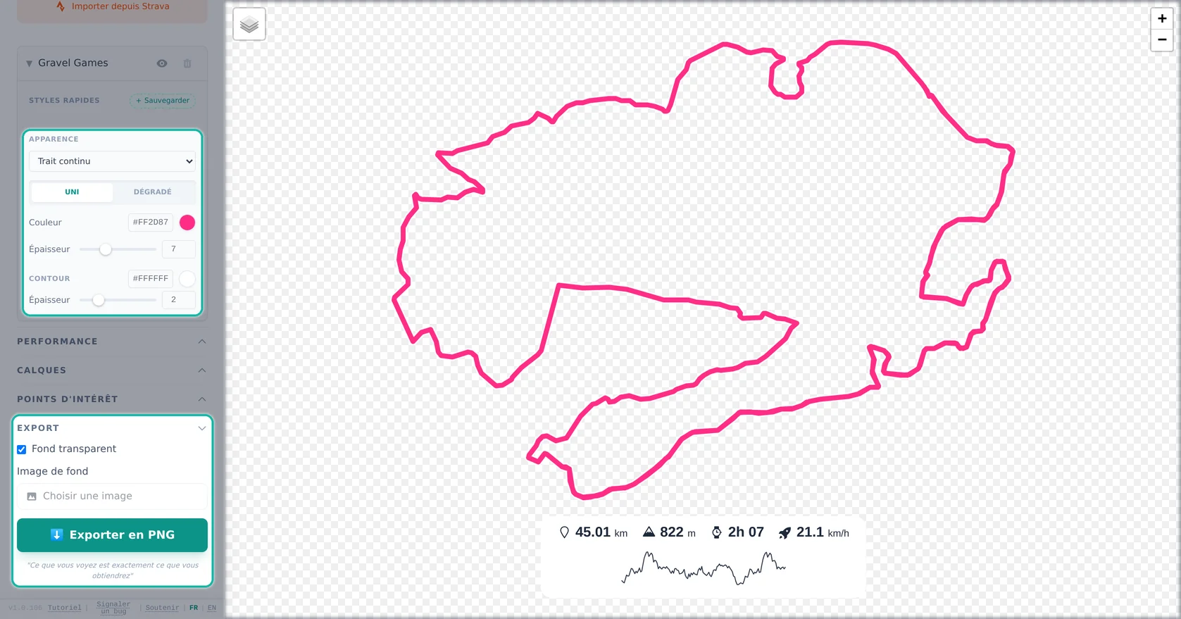 Style de trace et option Fond transparent dans l’éditeur Beautiful GPX