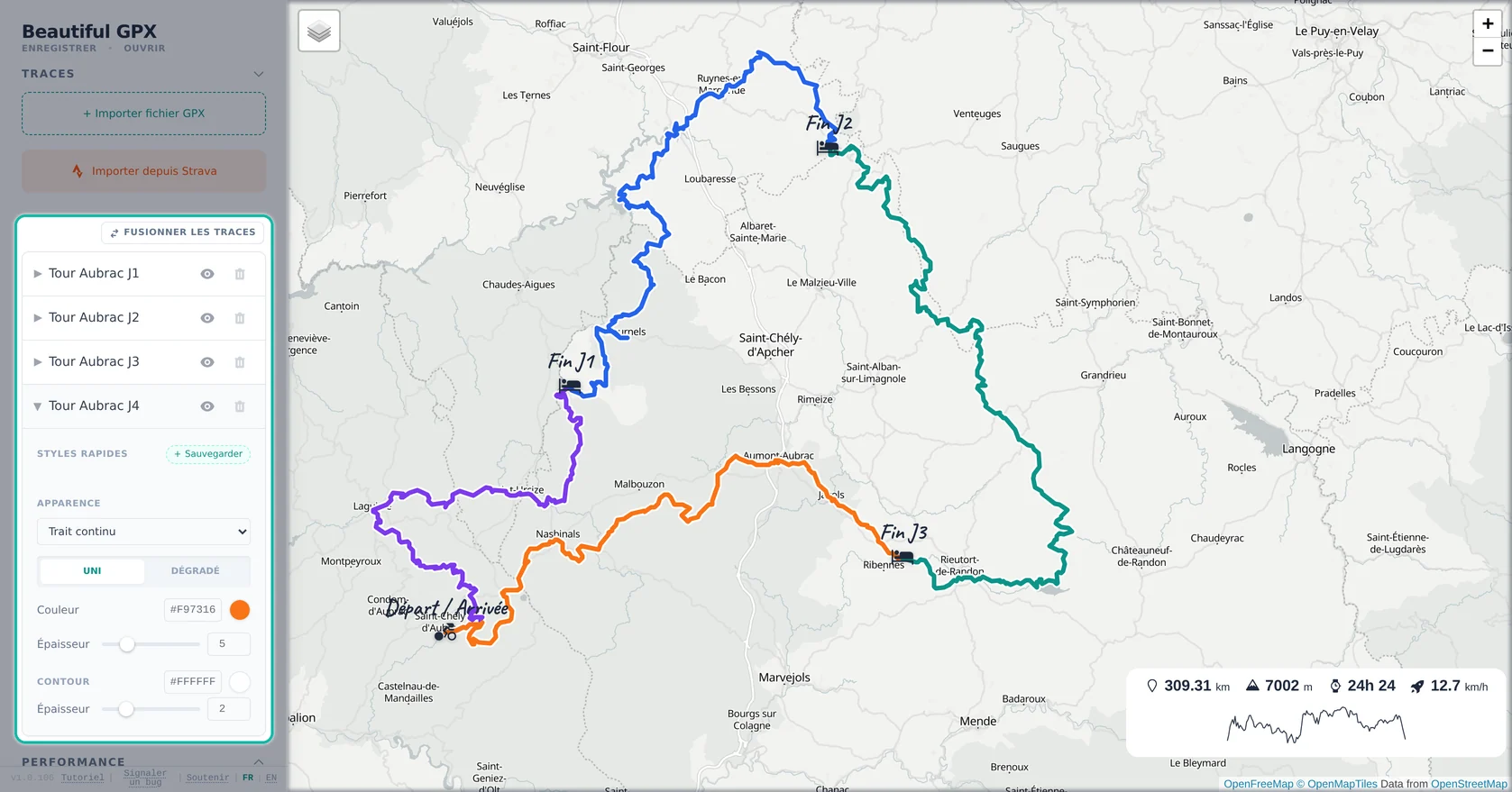 Quatre étapes GPX du Tour de l’Aubrac importées dans l’éditeur, chacune avec sa couleur