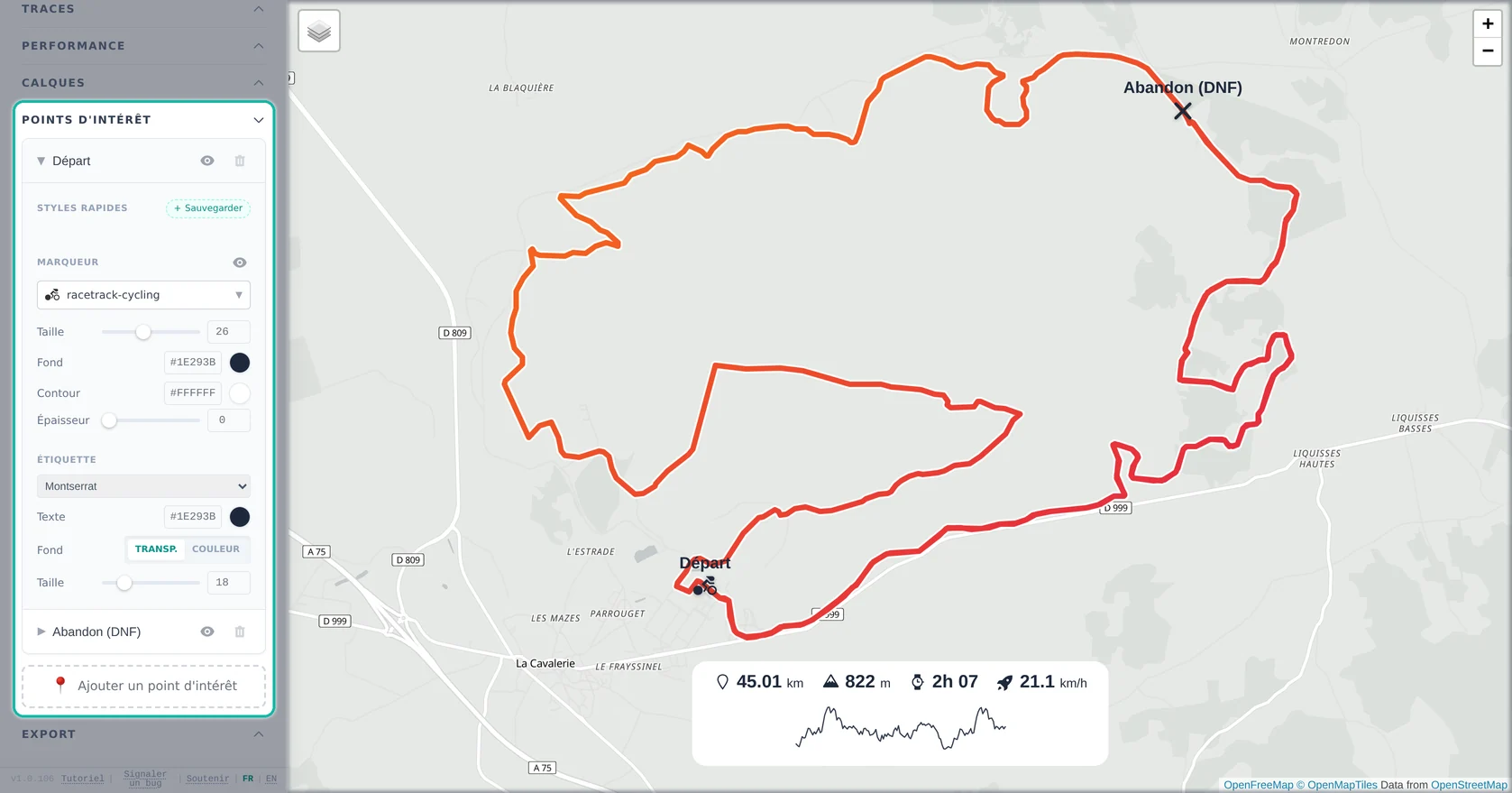 Carte épurée avec marqueurs Départ et Abandon dans l’éditeur Beautiful GPX