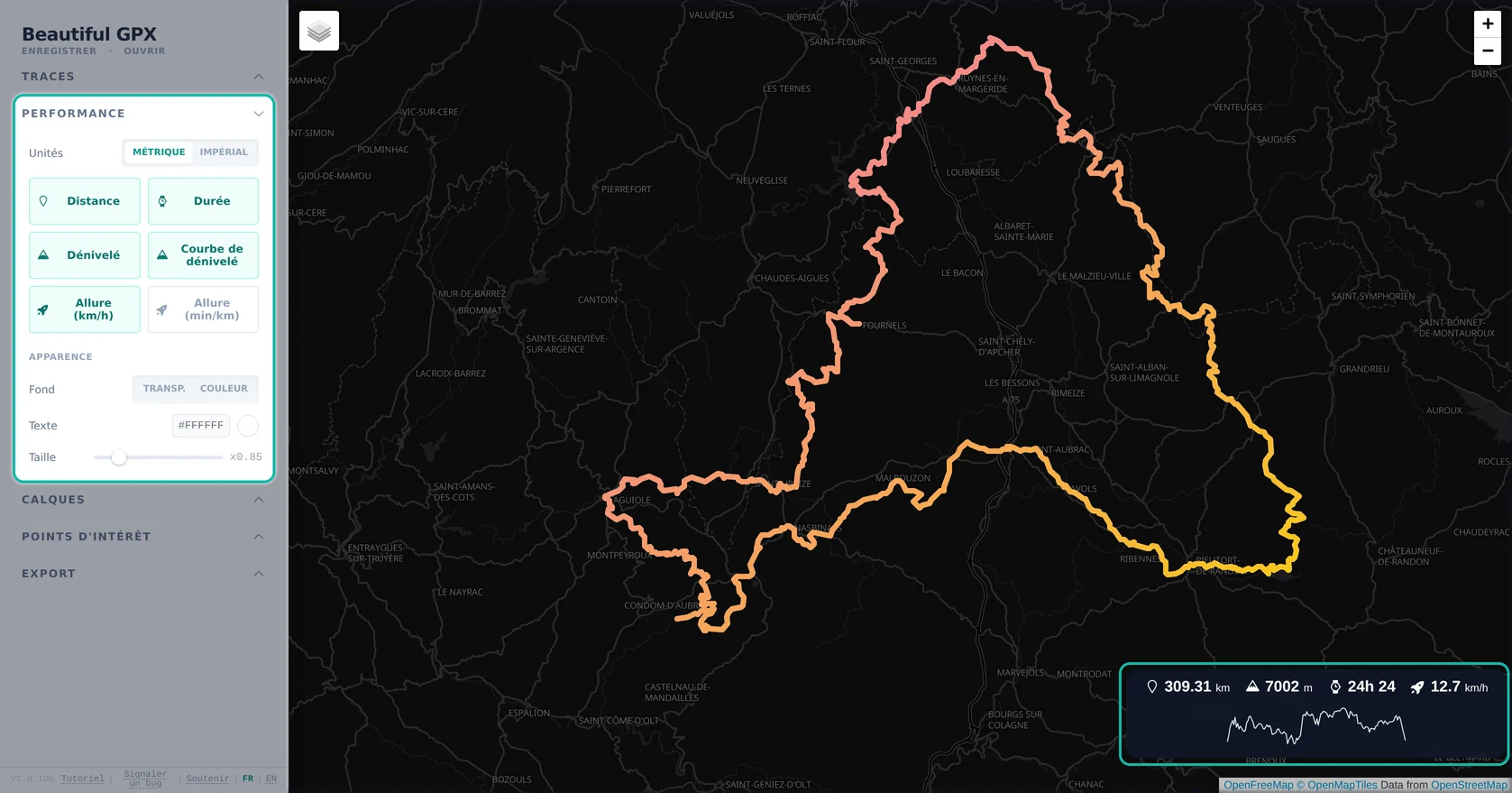 Fond de carte sombre et encart de statistiques dans l’éditeur Beautiful GPX