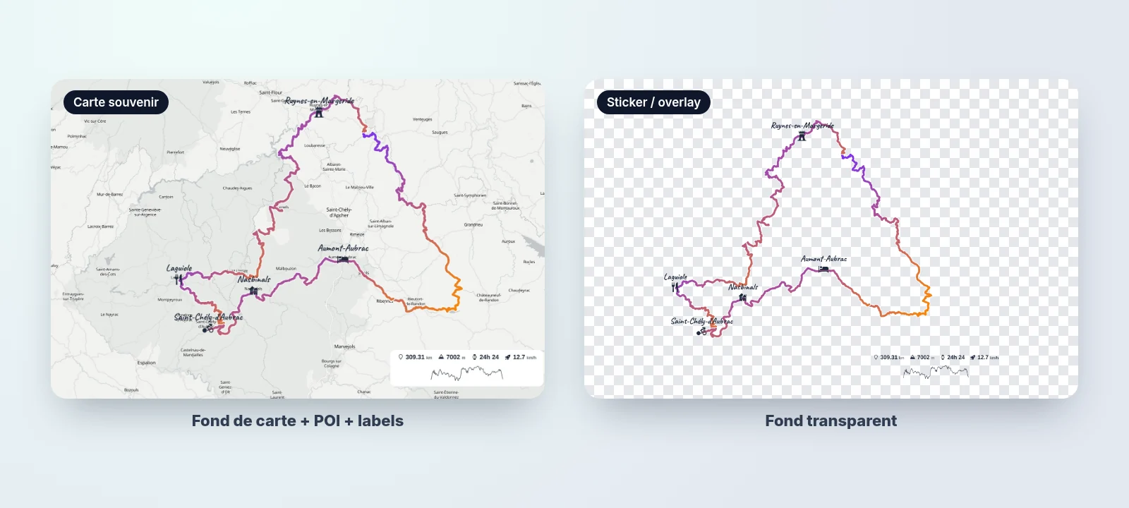 Comparaison entre une carte souvenir avec fond de carte et un overlay sur fond transparent