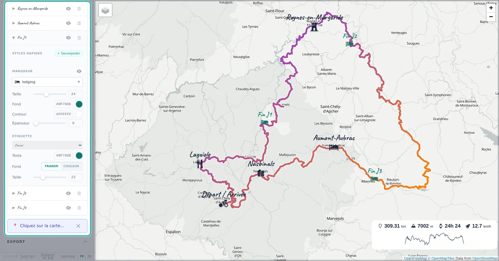 Ajout de points d’intérêt (villes et fins d’étape) sur la trace du Tour de l’Aubrac