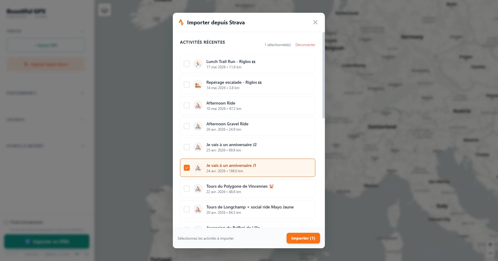 Modal d’import Strava dans Beautiful GPX