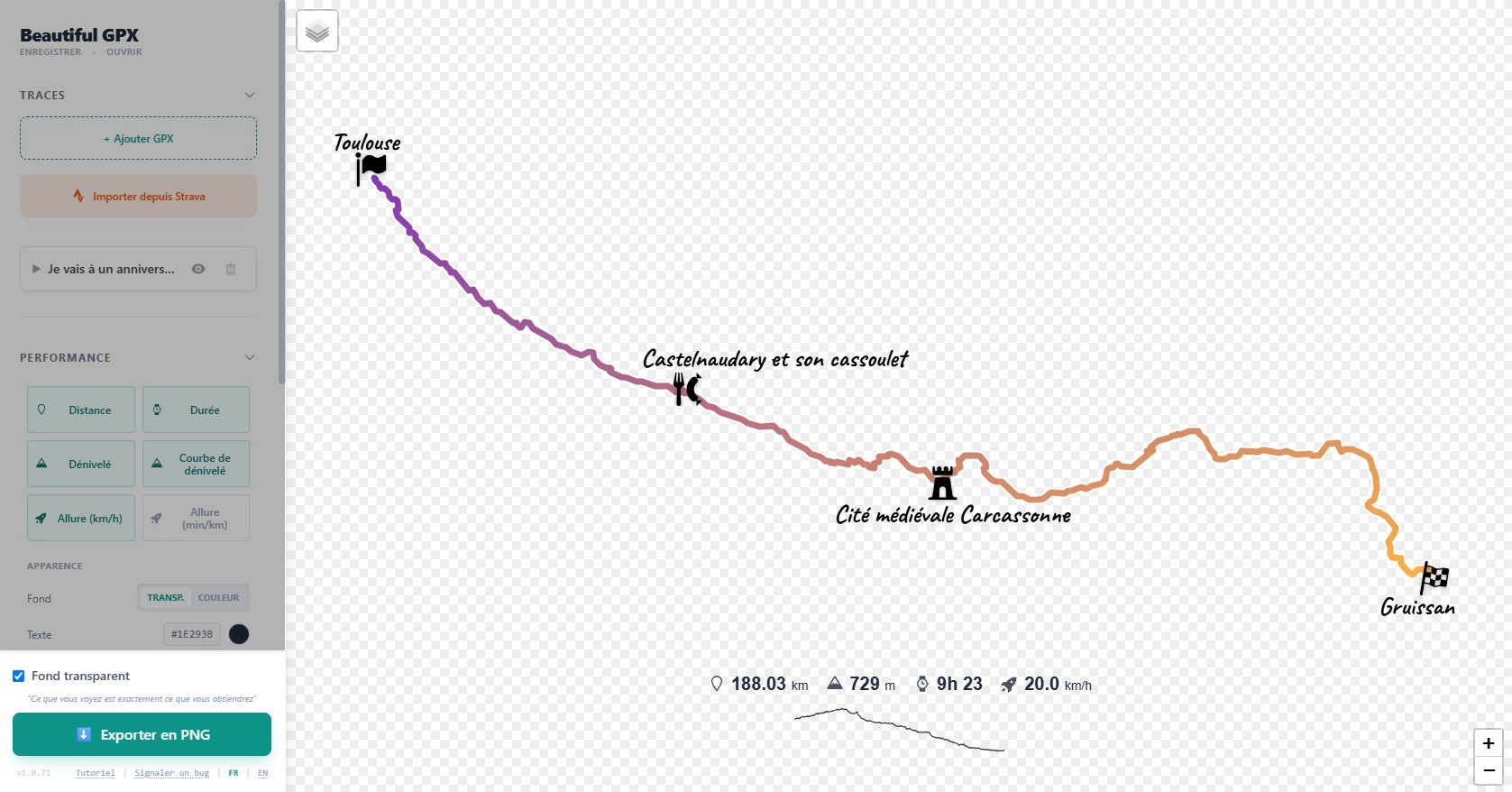 Export PNG avec fond transparent dans Beautiful GPX